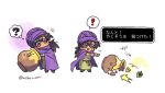  ! 1boy ? aged_down black_eyes black_hair blush_stickers bracelet breaking cape chibi child cloak commentary_request dark-skinned_male dark_skin dragon_quest dragon_quest_v full_body green_tunic herb hero_(dq5) jar jewelry long_hair low_ponytail male_focus nabenko purple_cape purple_cloak purple_headwear rope_belt sequential spoken_exclamation_mark spoken_question_mark standing translation_request turban twitter_username white_background 