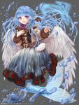  1girl blue_hair character_request copyright_notice dairoku_ryouhei feathered_wings fins flower fur-trimmed_jacket fur_trim grey_background hair_flower hair_ornament head_fins highres jacket long_hair long_sleeves mermaid monster_girl official_art open_mouth purple_eyes scarf skirt solo striped striped_skirt u3_(pixiv832164) vertical-striped_skirt vertical_stripes white_wings wings 