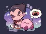  1boy black_hair blush_stickers chibi closed_eyes closed_mouth crossed_arms drooling fingerless_gloves gloves indian_style kirby kirby_(series) kotorai male_focus maxim_tomato mishima_kazuya mouth_drool no_nose pants red_gloves scar scar_on_cheek scar_on_face sitting sleeping sleeping_upright star_(symbol) super_smash_bros. tekken thought_bubble v-shaped_eyebrows white_pants zzz 