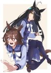 2girls agnes_tachyon_(umamusume) ahoge all_fours anger_vein animal_ears black_hair blush border bow bowtie brown_background brown_footwear brown_hair coffee_cup cup disposable_cup ear_piercing hair_over_one_eye harukazetabiji highres holding holding_cup horse_ears horse_girl horse_tail horseshoe_ornament loafers long_hair long_sleeves manhattan_cafe_(umamusume) messy_hair multiple_girls open_mouth piercing pleated_skirt purple_shirt purple_skirt purple_thighhighs red_eyes sailor_collar sailor_shirt school_uniform shirt shoes short_hair simple_background sitting sitting_on_person skirt tail thighhighs tracen_school_uniform umamusume white_border white_bow white_bowtie white_hair yellow_eyes 