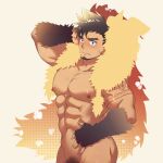  1boy abs animal_hood arm_tattoo ass bara blue_eyes blush brown_hair completely_nude facial_hair fang forked_eyebrows from_side fur_(clothing) goatee gullinbursti_(tokyo_houkago_summoners) hand_on_own_head highres hood kqq8 looking_at_viewer male_focus male_pubic_hair muscular muscular_male navel nipples nude pectorals pubic_hair short_hair solo spiked_hair stomach sweatdrop tattoo thighs tokyo_houkago_summoners 