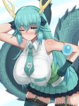  1girl ;/ arm_behind_head arm_up armlet bare_shoulders bent_over blue_dragon_(kemono_friends) blue_eyes blue_hair blurry blurry_background blush breast_pocket breasts buttons closed_mouth collared_shirt corset cowboy_shot dragon_girl dragon_horns dragon_tail eyelashes garter_straps gloves green_hair hair_between_eyes hanging_breasts highres horns jewelry kemono_friends kemono_friends_3 large_breasts long_hair long_tail looking_at_viewer miniskirt multicolored_hair multiple_horns necktie nose_blush one_eye_closed pleated_skirt pocket shibori_kasu shirt skirt sleeveless sleeveless_shirt solo tail thighhighs two-tone_hair very_long_hair wing_collar yellow_horns zettai_ryouiki 
