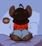  2021 anthro bed big_butt bottomwear brown_hair butt clothed clothing dialogue digital_media_(artwork) english_text female furniture gwen_(joaoppereiraus) hair hi_res hotpants joaoppereiraus mammal mouse murid murine profanity rear_view rodent shirt shorts signature sitting solo speech_bubble text topwear wide_hips 
