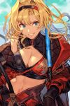  1girl blonde_hair blue_eyes breasts cleavage_cutout clothing_cutout crop_top cropped_jacket granblue_fantasy hairband holding holding_weapon hungry_clicker jacket long_hair looking_at_viewer medium_breasts midriff navel open_clothes open_jacket polearm red_jacket smile solo spear teeth upper_body weapon zeta_(granblue_fantasy) zeta_(grand)_(granblue_fantasy) 