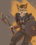 4:5 anthro armor biped blood bodily_fluids clothed clothing felid feline fur hair hi_res holding_object holding_shield holding_weapon looking_at_viewer male mammal shield skitalets solo standing weapon