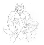 2018 abs anthro ball_tuft balls big_balls big_penis black_and_white bodily_fluids canid canine canis chest_tuft coyote dripping erection fan_character genital_fluids genitals hi_res holding_penis humanoid_genitalia humanoid_penis male mammal monochrome muscular muscular_anthro muscular_male nipples pecs penis precum precum_drip pubes solo tuft utx-shapeshifter vein veiny_penis