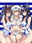  :3 animal_ears bikini black_hair blue_eyes blue_hair blue_sailor_collar bob_cut breasts bright_pupils brown_hair cheval_grand_(umamusume) cleavage commentary_request competition_swimsuit covered_navel dark_blue_hair ear_covers ear_piercing hat highres horse_ears horse_girl horse_tail inverted_bob long_hair medium_breasts one-piece_swimsuit peaked_cap piercing sailor_collar sailor_hat short_hair single_ear_cover sitting striped striped_background swimsuit tail tsukiyuki_mike twintails umamusume verxina_(umamusume) vivlos_(umamusume) white_bikini white_headwear white_one-piece_swimsuit 