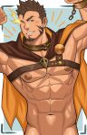  1boy abs bara bare_pecs blush brown_cloak brown_hair chest_harness cloak collar facial_hair flaming_eyes flexing goatee harness hercules_(tokyo_houkago_summoners) highres male_focus metal_collar muscular muscular_male navel nipples one_eye_closed pectorals pose scar scar_on_chest short_hair sideburns solo stomach tachikawa_(hawk_003) tokyo_houkago_summoners upper_body 