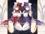  2girls animal_ears asymmetrical_legwear azur_lane bare_shoulders black_gloves blue_eyes breasts bridal_gauntlets chao_ho_(azur_lane) china_dress chinese_clothes cleavage cleavage_cutout clothing_cutout detached_sleeves dress eyebrows_visible_through_hair fake_animal_ears framed_breasts full_body full_moon gloves gold_hairband hair_between_eyes highres kang_jian large_breasts long_hair looking_at_viewer moon multicolored_hair multiple_girls purple_dress purple_eyes purple_footwear purple_hair red_dress red_footwear red_hair single_thighhigh socks thighhighs two-tone_hair white_hair white_legwear wide_sleeves ying_swei_(azur_lane) 