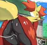 absurd_res anthro anus black_body bodily_fluids butt canid cum delphox excessive_cum excessive_genital_fluids female fur generation_6_pokemon genital_fluids genitals hi_res inner_ear_fluff looking_back mammal multicolored_body multicolored_fur nintendo orange_body orange_fur pokemon pokemon_(species) presenting presenting_hindquarters pussy rear_view solo stick tuft yellow_body yellow_fur zerrymon