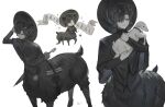  1boy animal animal_ears black_capelet black_fur black_hair black_headwear black_horns black_shirt capelet centauroid chibi chibi_inset cindymeimezu collared_capelet feet_out_of_frame goat goat_boy goat_ears goat_horns goat_tail hair_over_one_eye hand_on_headwear hands_up high_collar highres holding holding_animal hooves horns long_sleeves looking_at_animal male_focus monster_boy multiple_views muted_color original shirt short_hair simple_background smile sparkle standing taur umbrella upper_body white_background 