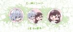  2girls :o asaka_kaori blue_eyes blush chibi commentary_request copyright_name dress flower green_ribbon green_sailor_collar hair_between_eyes hair_flower hair_ornament hoshikawa_shizuku kimi_to_tsuzuru_utakata long_sleeves looking_at_viewer mole mole_under_eye multiple_girls neck_ribbon open_mouth pink_background red_eyes red_ribbon ribbon sailor_collar short_hair short_sleeves sidelocks smile translated white_dress white_hair white_sailor_collar yuama_(drop) 