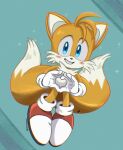 &lt;3 &lt;3_eyes 2022 5_fingers anthro blue_eyes blush canid canine clothing dipstick_tail fingers footwear fox fur gloves handwear hi_res looking_at_viewer male mammal markings miles_prower mintokitsune sega shoes signature simple_background smile solo sonic_the_hedgehog_(series) tail tail_markings white_body white_fur yellow_body yellow_fur