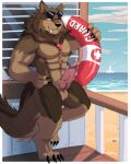  4:5 absurd_res anthro balls barazoku beach blush bodily_fluids canid canine canis claws cloud coffeecat coffeecat4321 day digital_media_(artwork) erection fur genital_fluids genitals hair hi_res kemono life_ring lifeguard looking_at_viewer male mammal muscular muscular_anthro muscular_male nude penis sand seaside solo water wolf wulver 