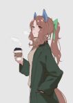  1girl absurdres alternate_costume animal_ears black_coat black_eyeliner blush bow brown_eyes brown_hair brown_sweater coat coffee coffee_cup cup curly_hair danboru_(jdanboru1182) disposable_cup ear_covers earmuffs eyelashes eyeliner from_side green_bow hair_bow hair_ribbon hand_in_pocket high_ponytail highres holding holding_cup horse_ears horse_girl horse_tail jacket king_halo_(umamusume) long_hair long_sleeves makeup open_clothes open_coat open_mouth ponytail ribbon scarf sidelocks simple_background solo standing sweater tail umamusume upper_body window_fog winter 