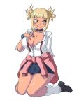  1girl alternate_costume bangs black_choker blonde_hair blue_skirt blunt_bangs boku_no_hero_academia breasts brups_tv choker cleavage clothes_around_waist collared_shirt commission double_bun gyaru hand_on_own_chest highres kneeling large_breasts open_clothes open_shirt pink_sweater red_nails scrunchie shirt short_bangs sidelocks skirt solo sweater sweater_around_waist tan toga_himiko tongue tongue_out tube_socks v-shaped_eyebrows white_background 