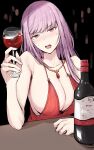  1girl absurdres blunt_bangs bottle breasts cleavage cup dress drinking_glass earrings gold_necklace highres holding holding_cup hololive hololive_english jewelry large_breasts looking_at_viewer mori_calliope necklace open_mouth pink_hair red_dress red_eyes sak1_01 sidelocks single_earring sleeveless sleeveless_dress virtual_youtuber wine_bottle wine_glass 