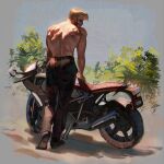  1boy arm_tattoo back bara black_pants blonde_hair call_of_duty call_of_duty:_modern_warfare_2 ghost_(modern_warfare_2) highres male_focus mask motor_vehicle motorcycle mouth_mask muscular muscular_male pants sasha_shkret short_hair solo tattoo topless_male 