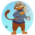 2022 3_toes admiral_brickell anthro badmintonne beverage biped blue_clothing blue_eyes blue_sweater blue_topwear blush blush_lines breasts brown_body brown_eyelids brown_fur cleavage cleavage_cutout clothed clothing coffee coffee_mug dated ear_tuft eyebrow_through_hair eyebrows feet female fur geometric_background grey_hair hair half-closed_eyes hand_on_hip haplorhine hi_res holding_object leg_tuft mammal monkey narrowed_eyes primate round_ears signature simple_background solo standing steam sweater tail tail_tuft tan_body tan_skin thick_eyebrows thick_thighs toes topwear translucent translucent_hair tuft