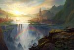  bird building canyon city fantasy grass landscape marktal mountain no_humans original outdoors rainbow scenery sky sunlight sunrise water waterfall 