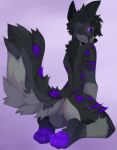 2023 anthro artist_name black_body black_fur butt canid canine digital_media_(artwork) fur grey_body grey_fur hi_res looking_at_viewer looking_back looking_back_at_viewer male mammal pawpads purple_background purple_body purple_eyes purple_fur purple_pawpads purple_spots simple_background solo spots spraykitty