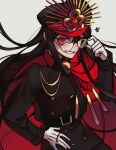  1girl belt black_hair cape cowboy_shot family_crest fate/grand_order fate_(series) glasses hair_between_eyes hand_on_own_hip hat long_hair looking_at_viewer medallion military_hat oda_nobunaga_(fate) oda_uri one_eye_closed peaked_cap red_cape red_eyes sempon_(doppio_note) simple_background smile solo star_(symbol) teeth white_background 