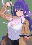  1girl book breasts brown_cardigan cardigan collared_shirt commentary genshin_impact green_background highres holding holding_book holding_wand lanthan large_breasts looking_at_viewer mole mole_under_eye purple_eyes purple_hair raiden_shogun shirt simple_background solo wand white_shirt 