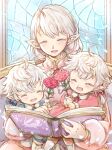  1boy 2girls aged_down ahoge alisaie_leveilleur alphinaud_leveilleur ameliance_leveilleur blue_shirt book closed_eyes dress eyebrows_hidden_by_hair family feet_out_of_frame final_fantasy final_fantasy_xiv flower hair_between_eyes hair_ribbon highres holding holding_book holding_flower light_blush long_hair mother_and_daughter mother_and_son multiple_girls on_lap open_mouth pink_dress pink_flower pointy_ears ribbon shirt sitting smile stained_glass turtleneck_dress upper_body white_hair yue_limsa 
