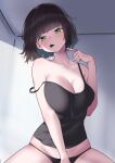  1girl bare_shoulders black_camisole black_hair blush breasts camisole cleavage food_in_mouth green_eyes highres incoming_pocky_kiss lanthan large_breasts looking_at_viewer midriff original pocky_day pointing pointing_at_self short_hair 