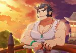  1boy bara bare_arms bare_shoulders bead_bracelet beads bracelet bridge broken_horn collarbone covered_nipples dark_blue_hair demon_boy demon_horns facial_hair fang horns jewelry kqq8 looking_up magatama magatama_necklace male_focus muscular muscular_male necklace pectorals red_eyes shirt short_hair sideburns sidepec sleeveless sleeveless_shirt smile solo stubble sunset takemaru_(tokyo_houkago_summoners) thick_eyebrows tokyo_houkago_summoners torn_clothes torn_shirt upper_body white_shirt 