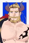  1boy absurdres alternate_hair_color bara beard bergamond_(crave_saga) blue_background blue_eyes chest_hair chest_tattoo collarbone crave_saga demon_horns eyebrow_cut facial_hair fur_trim highres horns jewelry large_pectorals long_hair looking_at_viewer male_focus mature_male multicolored_hair muscular muscular_male nipple_piercing nipple_rings nipples official_alternate_costume open_clothes pectorals piercing ponytail purple_hair solo tattoo tearing_up thick_eyebrows thick_mustache two-tone_hair usuki_(usukine1go) 