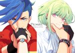  2boys 302 blue_eyes blue_hair character_name copyright_name cravat face_grab galo_thymos gloves green_hair hair_between_eyes half_gloves highres holding_hands lio_fotia male_focus multiple_boys promare purple_eyes simple_background smile watch white_background wristwatch yaoi 
