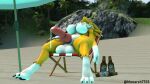 alcohol anthro bandai_namco beach beverage bodily_fluids cum cum_drip digimon digimon_(species) dripping eyes_closed genital_fluids gynomorph hi_res intersex monarch7703_(artist) nude outside renamon seaside solo