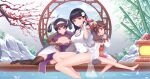  3girls absurdres artist_request azur_lane bamboo bare_shoulders black_hair black_legwear branch breasts brown_hair china_dress chinese_clothes cleavage cleavage_cutout clothing_cutout covered_navel dress fingerless_gloves flower fur_trim gloves hair_flower hair_ornament hairband hand_in_hair highres long_hair looking_at_viewer multiple_girls new_year ning_hai_(azur_lane) pelvic_curtain ping_hai_(azur_lane) purple_dress red_dress red_eyes sitting thighhighs thighs wading water white_dress white_flower white_gloves wooden_floor yat_sen_(azur_lane) 