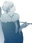  1boy black_nails fur_trim greyscale japanese_clothes kimono kiseru looking_up male_focus monochrome original short_hair smoking_pipe solo standing tarou_(you-0512) wide_sleeves 