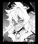  1boy alchemy_stars ascot coat commentary_request coo_(ssr_coo) fang furry furry_male greyscale halftone highres horns istvan_(alchemy_stars) looking_at_viewer male_focus monochrome scar scar_on_cheek scar_on_face shirt smile twitter_username upper_body 