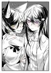  2girls animal_ear_fluff animal_ears blush bow bowtie cellphone closed_mouth extra_ears green_eyes greyscale highres holding holding_another&#039;s_arm holding_phone kakult2017 ksp_(vtuber) long_hair meridian_project monochrome multiple_girls parted_lips phone purple_eyes seki_(vtuber) selfie smartphone smile spot_color sweater turtleneck turtleneck_sweater virtual_youtuber 