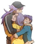  1girl 2boys alternate_costume baseball_cap black_headwear brown_pants closed_eyes dark_skin dark_skinned_male eyelashes family fur-trimmed_jacket fur_trim group_hug hat hop&#039;s_mother_(pokemon) hop_(pokemon) hug jacket leon_(pokemon) long_hair multiple_boys pants parted_lips pokemon pokemon_(game) pokemon_swsh purple_hair shirt short_hair sleeves_rolled_up smile teeth unko_yoshida yellow_shirt 