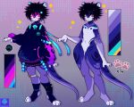 abstract_background ambiguous_gender anthro artist_name black_hair bottomwear clothing colored digital_media_(artwork) duo fire footprint full-length_portrait fur fur_markings hair hi_res looking_at_viewer markings multicolored_body nude pawprint pink_eyes portrait purple_body ribbons skirt solo solo_focus star sweater sweetykai thick_thighs topwear