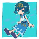  1girl 73_(naa) arm_support black_shirt blue_eyes blue_hair blue_pants border bright_pupils closed_mouth dot_nose lana_(pokemon) outline pants pokemon pokemon_sm sandals shirt short_hair signature smile solo white_border white_outline white_pupils white_shirt 