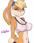 2020 accessory anthro artist_name big_breasts blonde_hair blue_eyes breasts cleavage clothed clothing dogiflan eyebrows eyelashes female floppy_ears hair hair_accessory hairband lagomorph leporid lola_bunny looking_at_viewer looney_tunes mammal midriff navel nipple_outline one_eye_closed pink_nose rabbit shirt short_hair simple_background smile solo tank_top topwear warner_brothers white_background wink