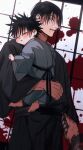  2boys aged_down belt black_belt black_hair black_kimono blood blood_on_hands blood_splatter closed_eyes father_and_son fushiguro_megumi fushiguro_touji grey_eyes grey_kimono highres holding holding_sword holding_weapon japanese_clothes jujutsu_kaisen kimono long_sleeves looking_at_viewer male_focus multiple_boys parted_lips scar scar_on_face short_hair siveryfoku smile sword weapon wide_sleeves 