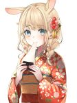  1girl absurdres animal_ears blonde_hair blush braid closed_mouth eating floral_print floral_print_kimono flower flower_braid food furisode hair_flower hair_ornament highres hololive japanese_clothes kanzashi kazama_iroha kimono looking_at_viewer low_twin_braids medium_hair mochi obi orange_kimono rabbit_ears sash simple_background smile solo tassel tassel_hair_ornament twin_braids upper_body virtual_youtuber white_background wide_sleeves yoshioka_(today_is_kyou) 