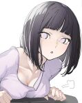  1girl black_hair bob_cut boruto:_naruto_next_generations breast_press breasts c-eye cleavage hyuuga_hinata naruto_(series) no_pupils purple_shirt shirt solo white_eyes 