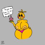 animatronic anthro areola avian beakless big_breasts bird black_sclera blush blush_stickers breasts chicken clothing cupcake cupcake_(fnaf) dialogue duo female five_nights_at_freddy&#039;s five_nights_at_freddy&#039;s_2 food galainza galliform gallus_(genus) hand_on_leg hand_on_thigh hi_res holding_plate huge_breasts huge_thighs looking_at_viewer machine navel nipples non-mammal_breasts non-mammal_nipples phasianid pink_clothing pink_thong pink_underwear plate robot scottgames sharp_teeth smile solo teeth text thick_thighs thong toy_chica_(fnaf) underwear white_eyes yellow_body