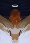  1boy absurdres androgynous angel_devil_(chainsaw_man) angel_wings chainsaw_man commentary feathered_wings from_behind halo highres male_focus medium_hair nude orange_hair skinny solo spine upper_body uqi32 wings 