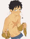  1boy akr29 bite_mark bite_mark_on_neck black_eyes black_hair blush cropped_legs drying drying_body grey_background half-closed_eyes handprint highres holding holding_towel looking_at_viewer male_focus monkey_d._luffy nipples one_piece parted_lips puff_of_air scar scar_on_cheek scar_on_chest scar_on_face short_hair simple_background solo topless_male towel wet wet_hair 