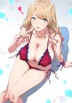  1girl bikini blonde_hair blush bracelet breasts frilled_bikini frills green_eyes gyaru heart highres jewelry joy_ride kogal large_breasts long_hair looking_at_viewer multicolored_hair original pink_hair red_bikini sitting smile solo swimsuit tongue tongue_out two-tone_hair wavy_hair 