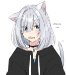  1girl animal_ear_fluff animal_ears black_choker black_sweater blue_brooch blue_eyes cat_ears cat_girl cat_tail cat_treat character_name choker commentary_request english_text hair_between_eyes hoshikawa_shizuku kemonomimi_mode kimi_to_tsuzuru_utakata light_blush looking_at_viewer short_hair simple_background solo sweater tail upper_body white_background white_hair yuama_(drop) 