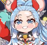  1girl animal_ears black_collar blue_eyes blue_hair blush collar cosplay cropped_shirt fake_animal_ears hakos_baelz hakos_baelz_(1st_costume) hakos_baelz_(cosplay) highres hololive hololive_english hololive_indonesia kobo_kanaeru kukie-nyan long_hair looking_at_viewer mouse_ears red_sleeves shirt smile solo spiked_collar spikes strapless virtual_youtuber white_shirt 